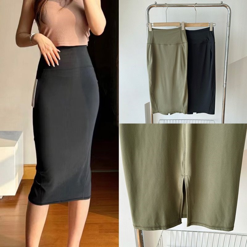 LL Women Long Bodycon Skirts High-waisted Soft Dresses Elastic Slit Mid-length Slimming Half Skirt