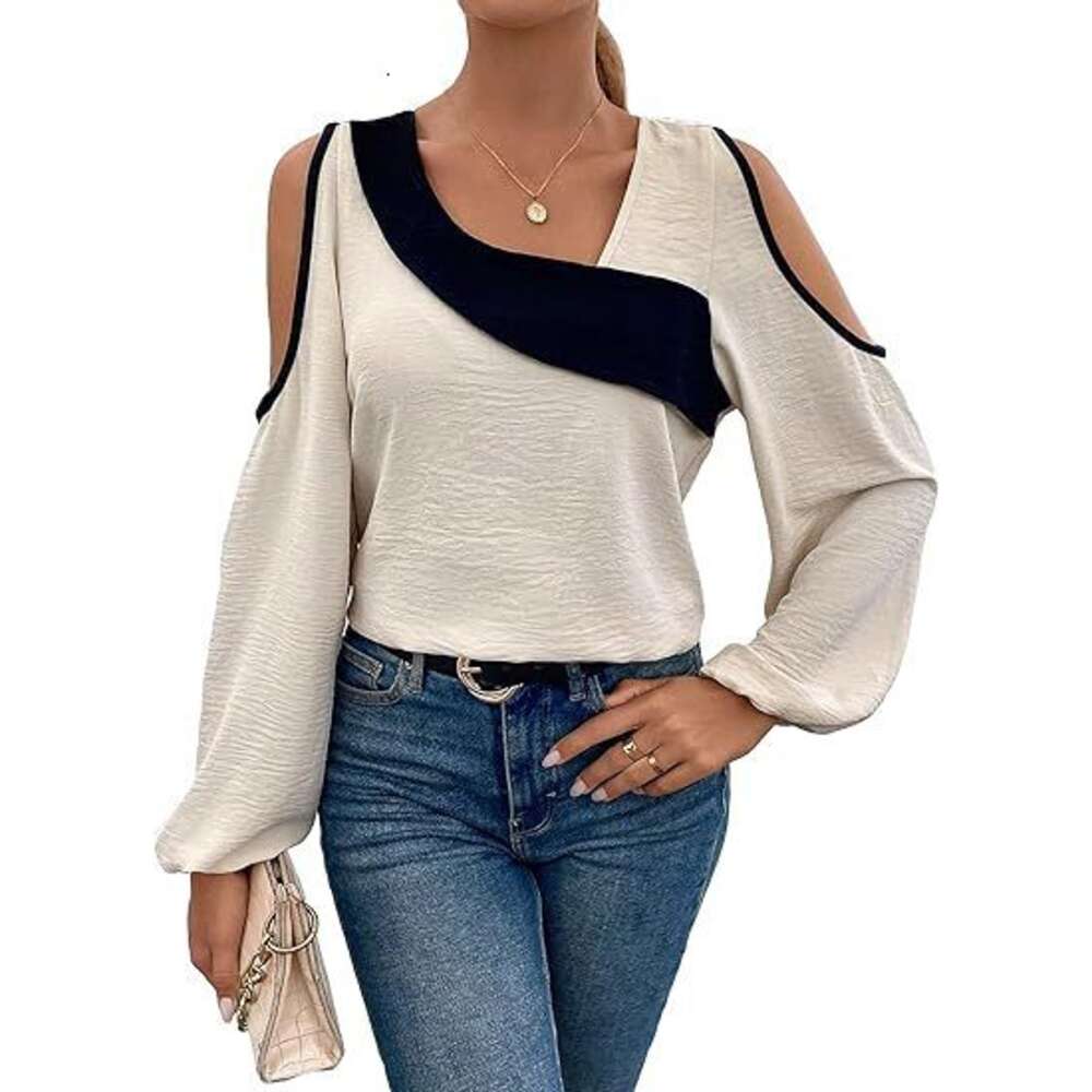 2024 Shirt Off Shoulder Patchwork Long Sleeved Fashionable Loose Fitting Women's Top F41829