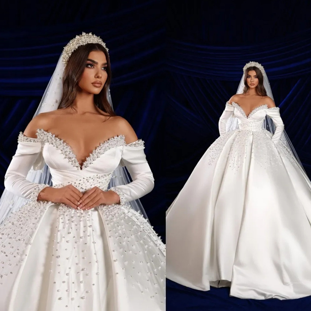 Gorgeous Pearls Beaded Dubai Arabic Turkey Ball Gown Wedding Dresses With Long Sleeves Pockets Off The Shoulder Sexy Formal Bridal YD