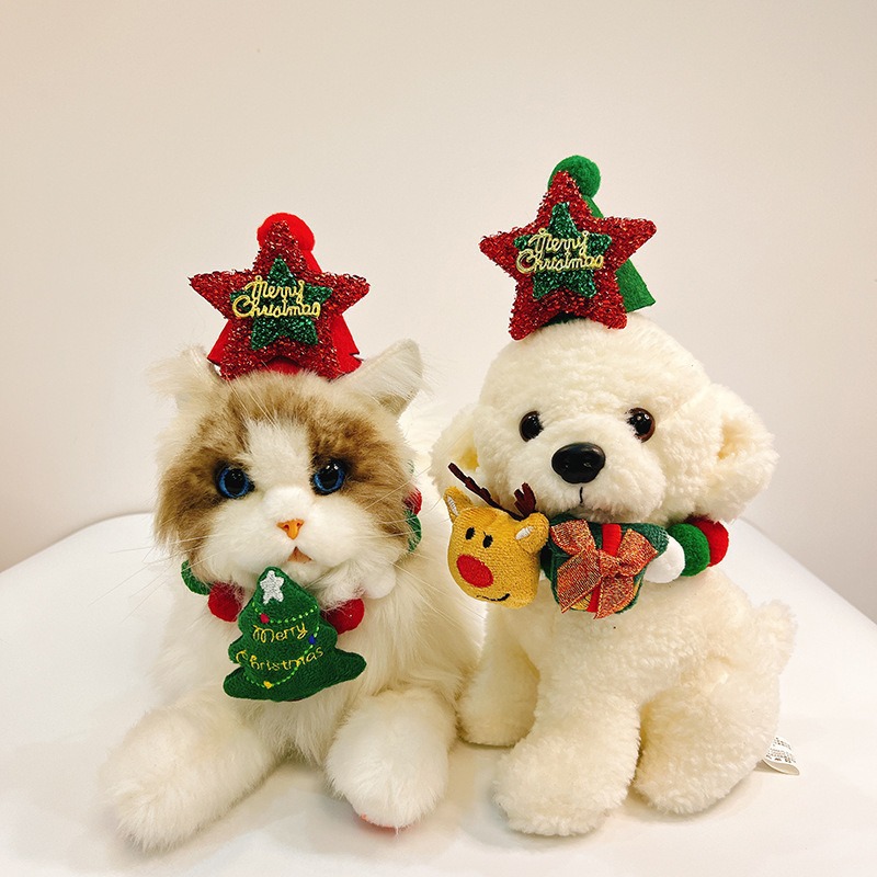 Christmas Cat Decoration Color Blocked Plush Neck Scarf Elastic Dog Collar Pet Holiday Supplies Clothing YLE55