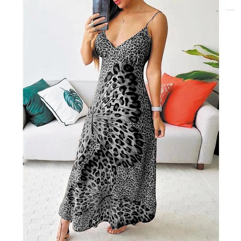 Casual Dresses Y2K INS Sexy Strap Sleeveless V Neck High Waist Vacation Dress Elegant Leopard Butterfly Print Bohemian For Women
