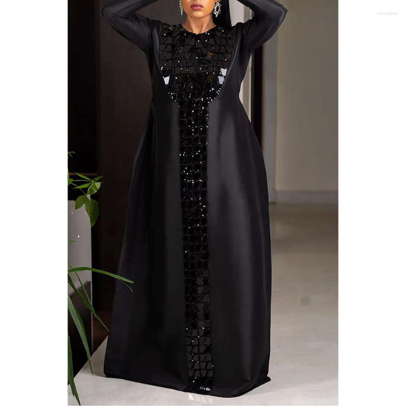 Plus Size Dresses Fashion Womens Black Satin Sequin Dress Long Sleeve Maxi Casual Holiday Solid Color Robe