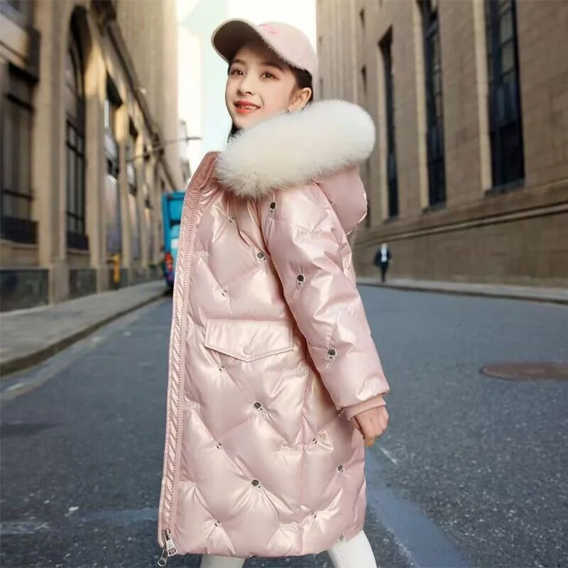 510 Y Winter Thick Cotton Coats For Girls Waterproof Fur Collar Hooded Jackets Kids Outerwear Clothing Teenage Parka Snowsuit 241118