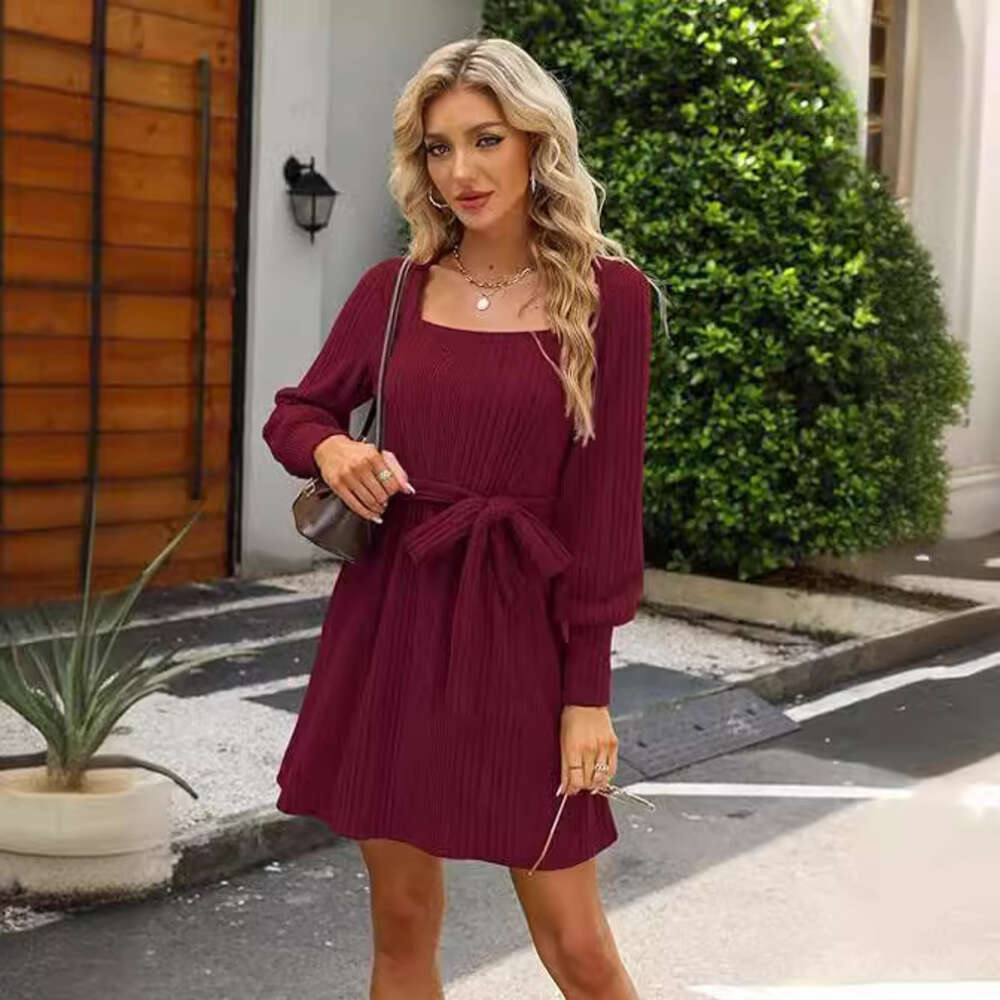 2024 New Women's Leisure Dihua Striped Square Neck Long Sleeved Fashion Dress F41838