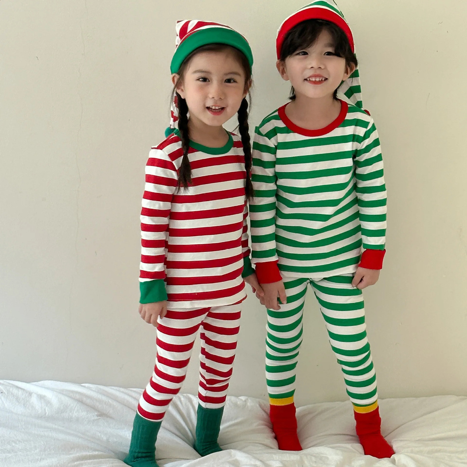 Autumn Winter Kids Girls Christmas Thermal Underwear Baby 2PCS Pajamas Set Cotton Striped Children Girls Homewear with Hat 241118