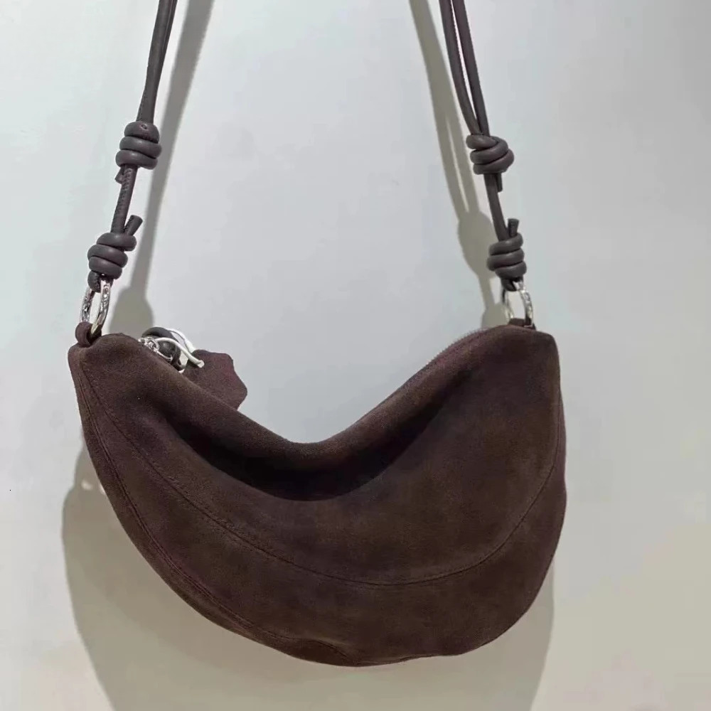 New High-End Soft Lambskin Matte Suede Leather Half Moon Pea Shape Saddle Green Coffee Women Shoulder Crossbody Bag Genuine Leather BagVoyage