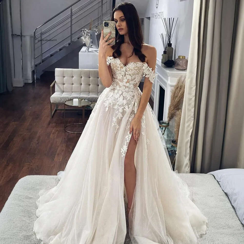 Shine Sparkg Wedding Dresses Off Shoulder Appliqued Tiered Tulle Beaded Lace Bridal Dress Bride Marriage For African Arabic Black Women D150 0418