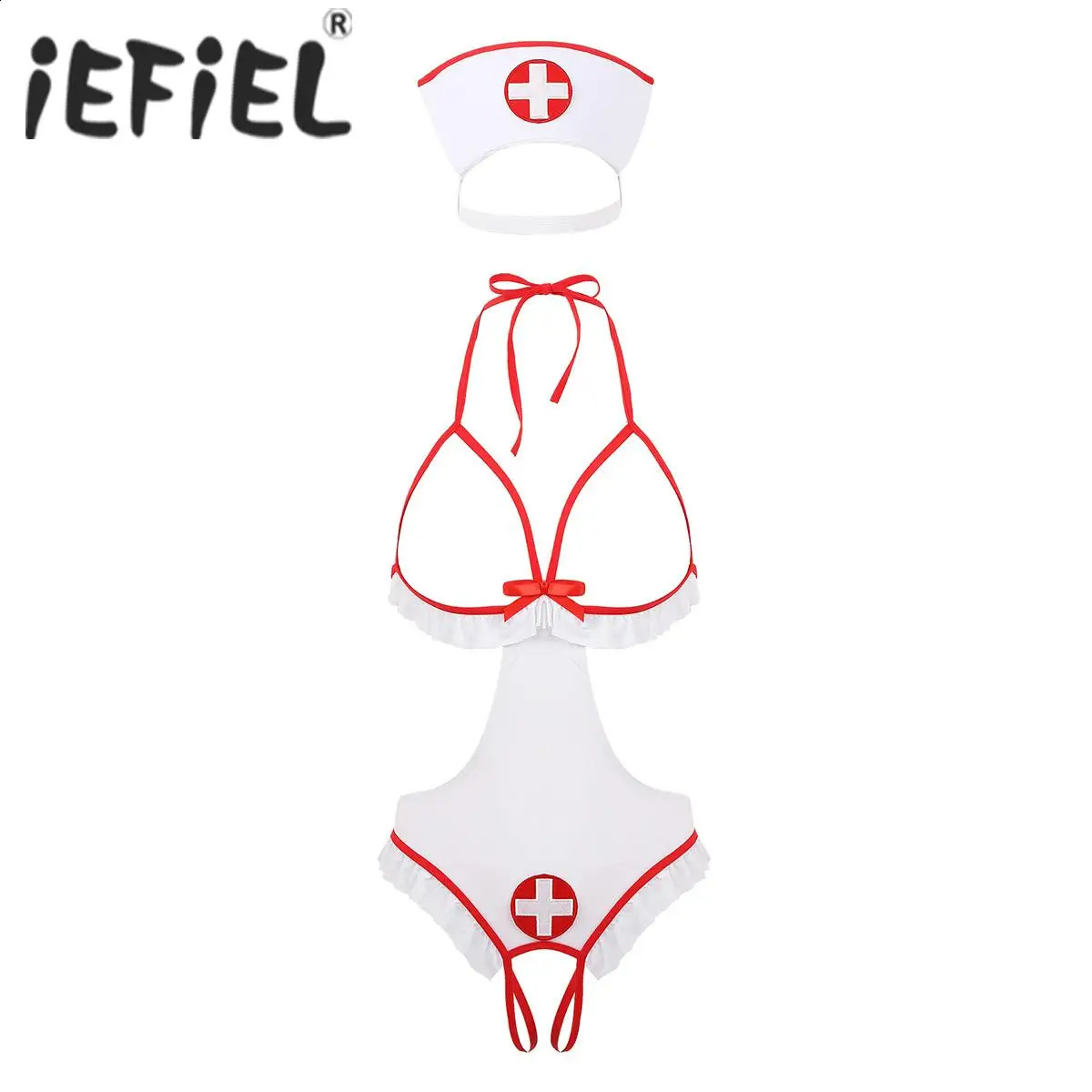 Womens Fantasy Sexy Nurse Cosplay Roleplay Lingerie Set Halter Neck Open Cups Crotchless Tie-on Leotard Bodysuit with Headband 241118
