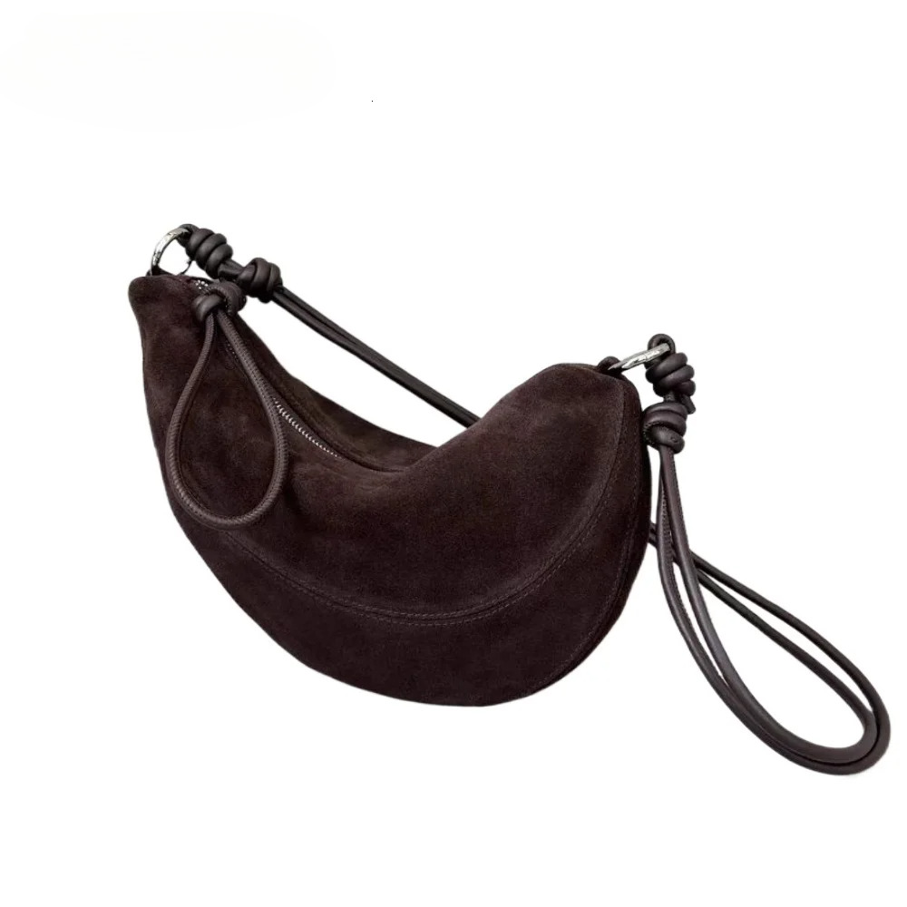 New High-End Soft Lambskin Matte Suede Leather Half Moon Pea Shape Saddle Green Coffee Women Shoulder Crossbody Bag Genuine Leather BagVoyage
