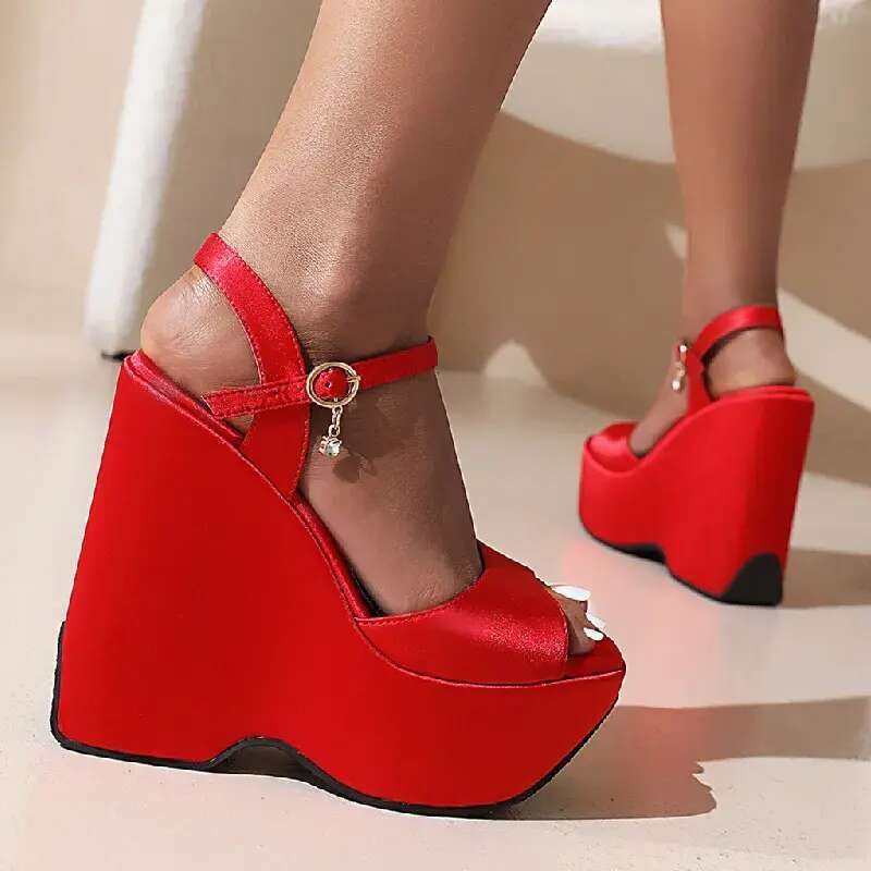 Sexy Punk High Heels Sandals Women Summer Platform Satin Red White Black Wedge Heeled Party Fetish Wedding Shoes Ladies a582