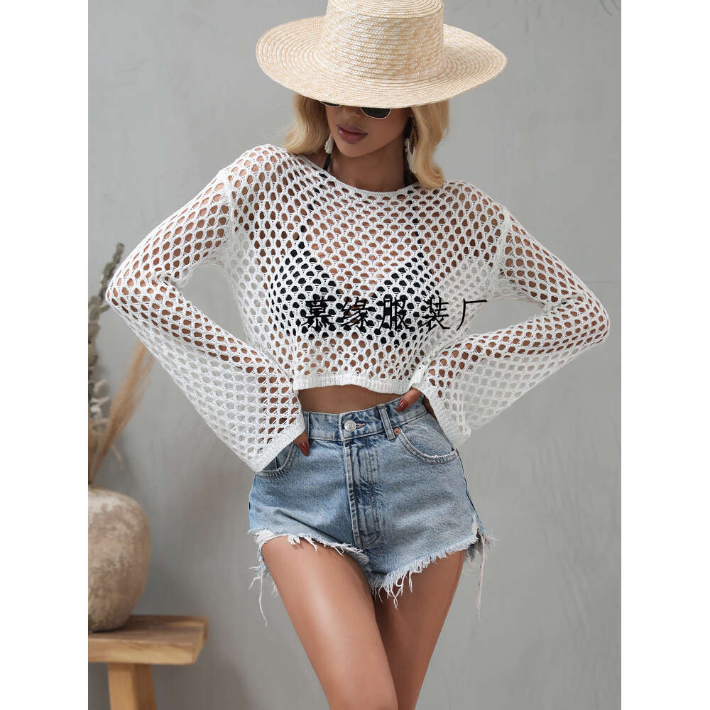 2023 Spring/summer New Knitwear Flare Sleeves Loose Round Neck Hollow Out Sweater for Women F41836