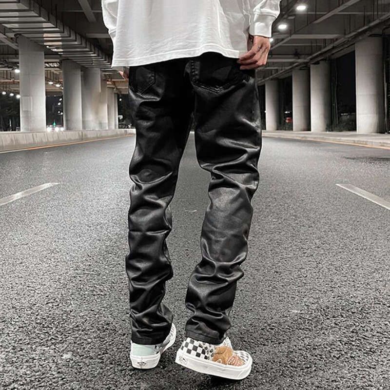 Haruku Black Jeans Men's Vibe Waxed Casual Trousers Straight Pockets Oversized Pencil Loose Hip Hop Mens Pants