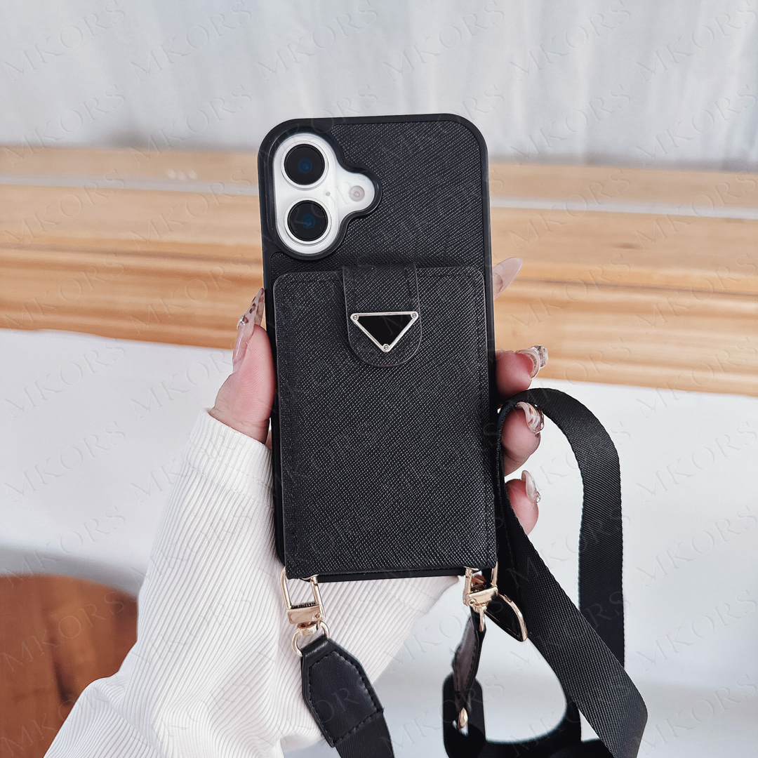 Designer Shoulder Bag Phone Case for iPhone 16 15 Pro Max 14 13 12 11 X Xs Xr 8 7 Plus Leather Folio Card Slot Pocket Detachable Neck String Strap Cov