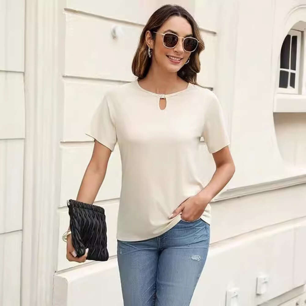 2024 New Women's Solid Color Fashion Casual Round Neck Short Sleeved T-shirt F41826