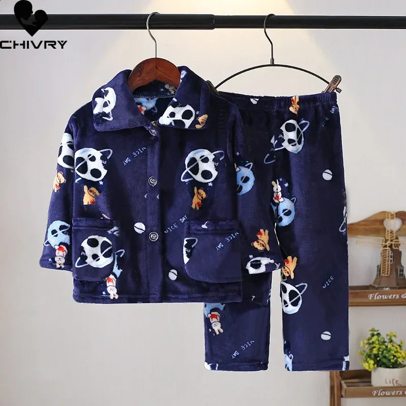 childrens boys and girls autumn and winter flannel pajamas set cartoon print long sleeved lapel top with pants pajama set 241118