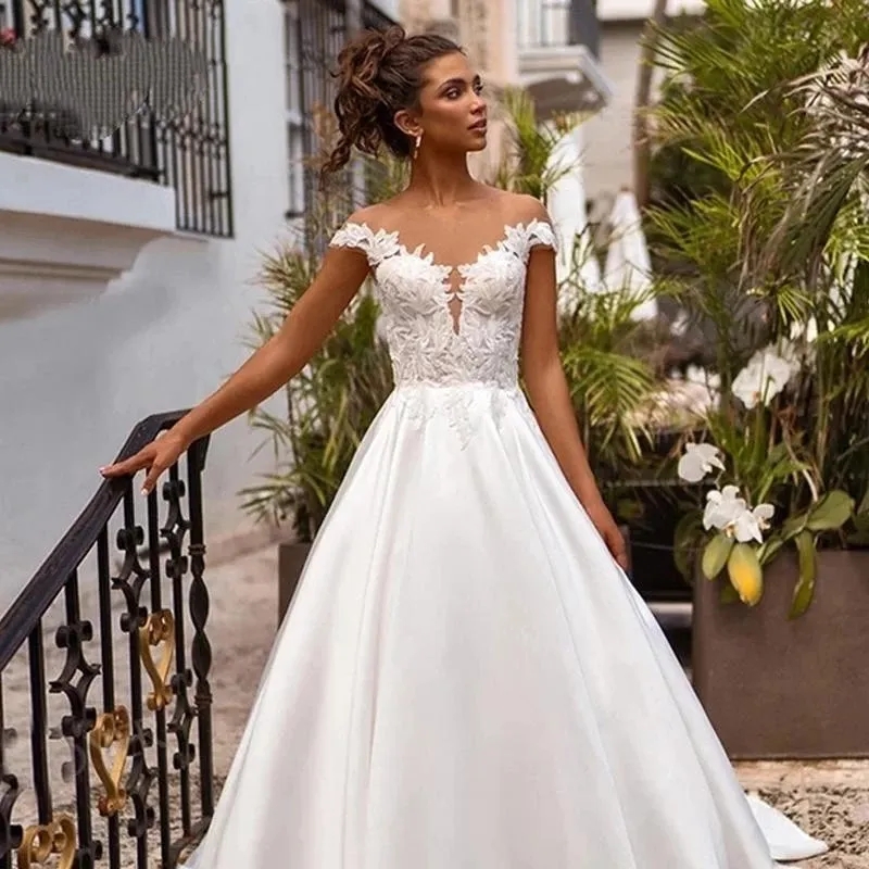 Elegant Satin A Line Wedding Dresses Sheer O Neck Lace Appliqued Boho Simple With Cap Sleeves Back Buttons Sweep Train Vestidos De NoviaYD