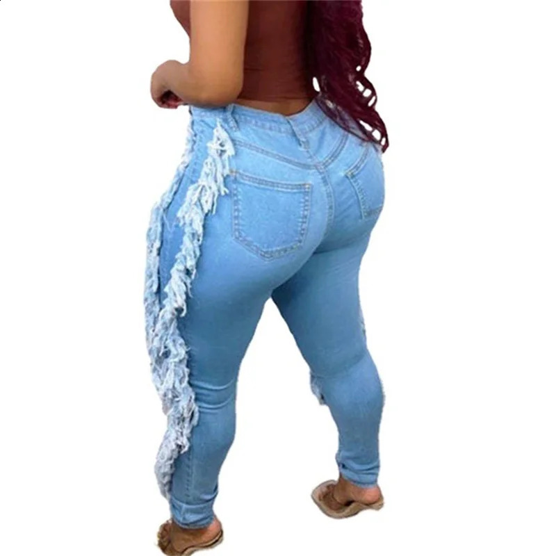 Womens side stitched tassel fashionable pencil jeans stretch slim fit high waisted denim Trouser womens trend casual ripped pants 241118bj