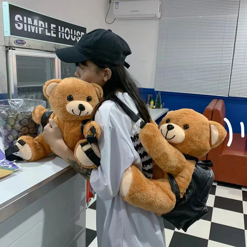 3045cm Lovely Teddy Bear Plush Backpack Cute Motorcycle Stuffed Animal Soft Toy Bag Fashion Girls Woman 240407