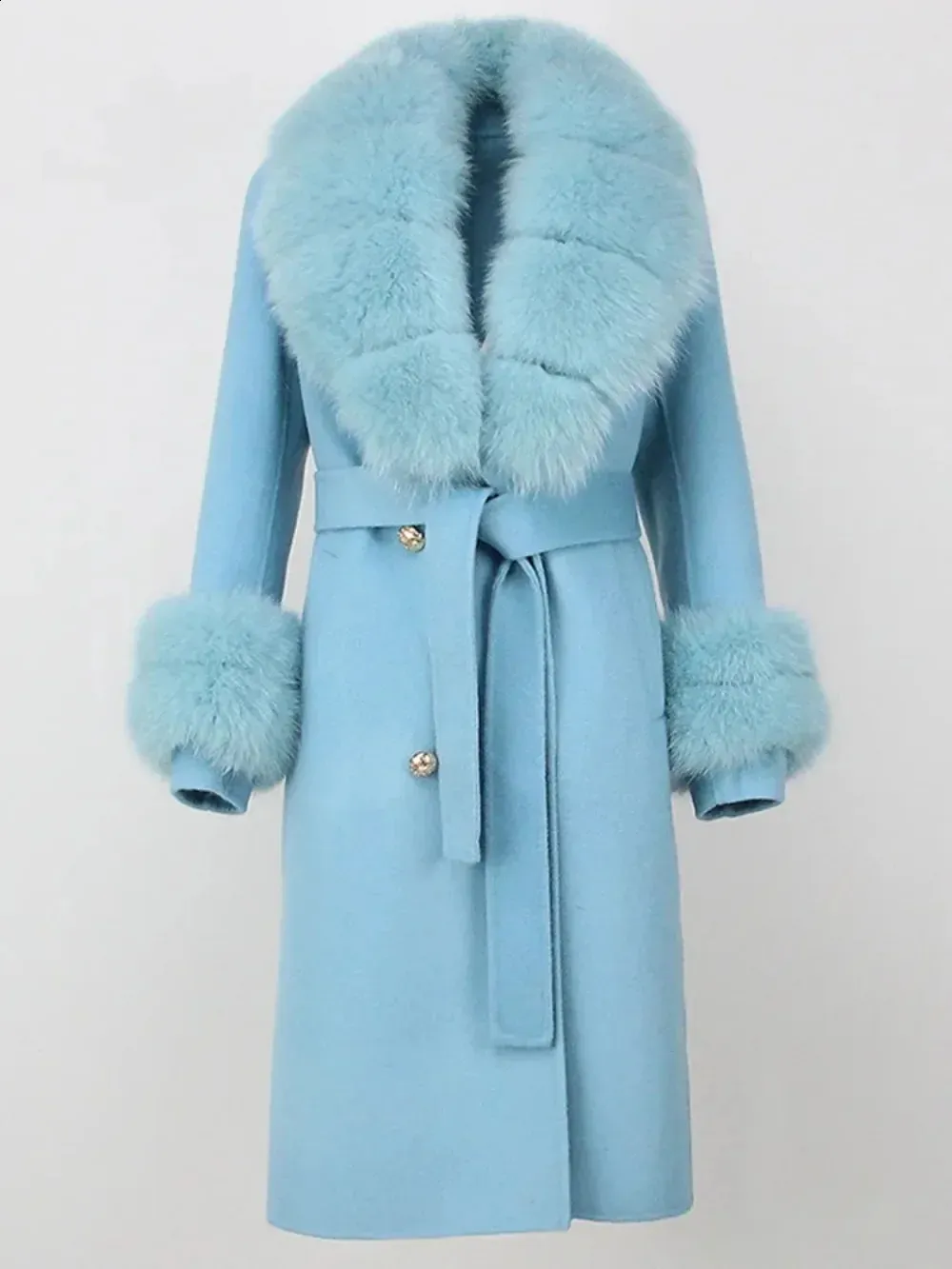 Real Fur Coat Long Winter Jacket Women Natural Wool Blends Cashmere Double Breasted Belt Warm Streetwear Fashion