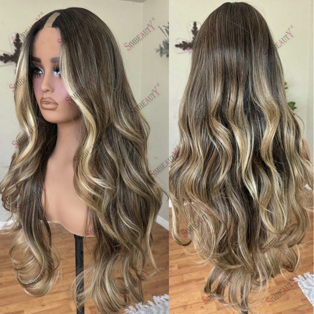 Brown Highlight Blonde U Adjustable Natural Body Wave 1*4 Size V Part Wig Human Hair Easy Wear For Women