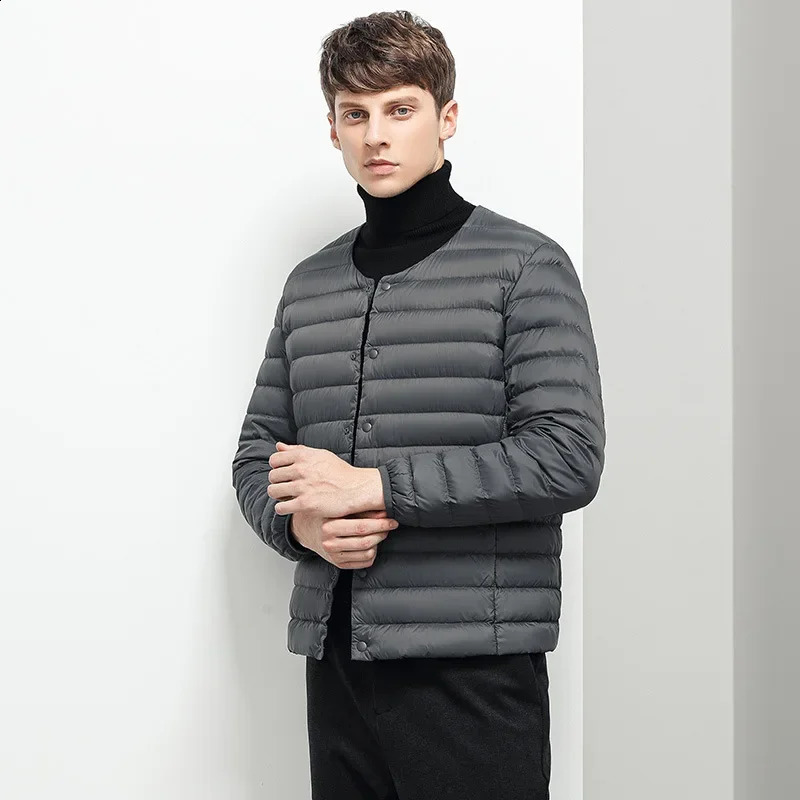 Mens lined duck down jacket O-neck variable V-neck mens winter warm collarless ultra light quilted puff coat 241118