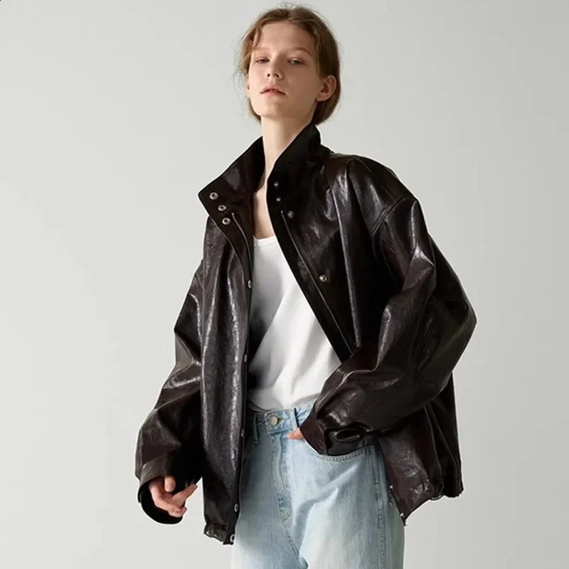 R0w 24ss Womens Autumn/Winter Stand up Collar Contour Leather Jacket Retro Bicycle Jacket Street Clothing 241116