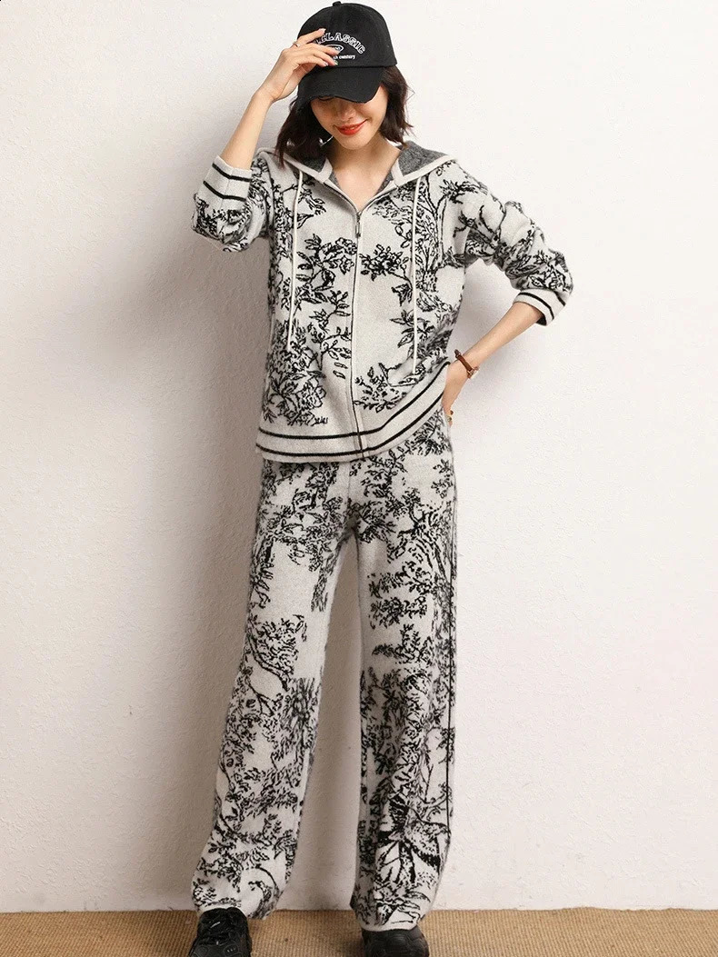 Vintage Printed Knitted 2-piece Womens Casual Knitted Hooded Zipper Sweatshirt Coats Conjuno High Waist Wide Leg Pants Set 241116