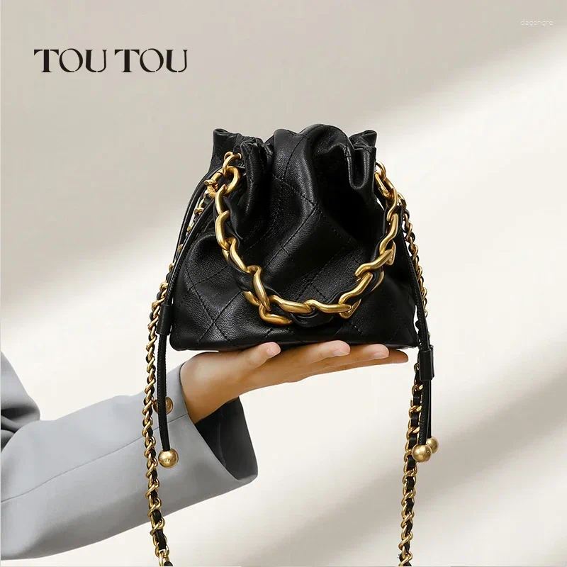 Drawstring TOUTOU Genuine Leather Quilted Bucket Bag For Women With Chain Strap Crossbody Handbag Daily Use And Commuting 27ce 4