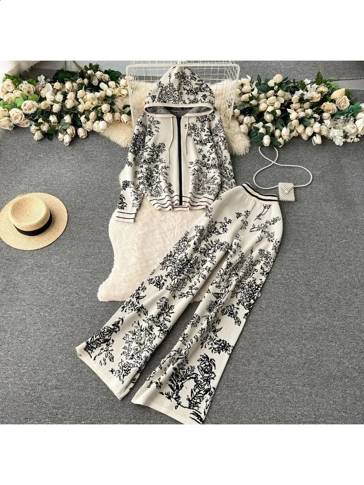Vintage Printed Knitted 2-piece Womens Casual Knitted Hooded Zipper Sweatshirt Coats Conjuno High Waist Wide Leg Pants Set 241116