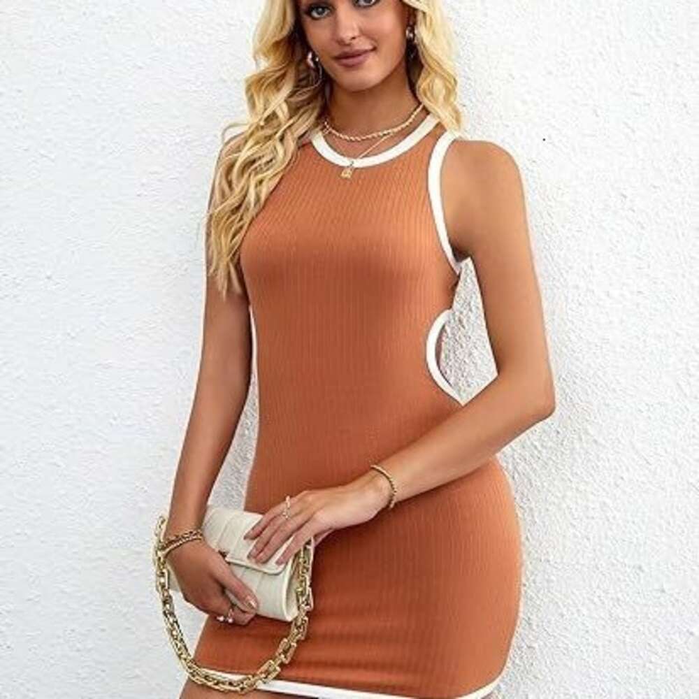 Women's 2024 New Ribbed Pit Stripe Off Waist Fashion Wrap Hip Dress Vest Skirt F41827