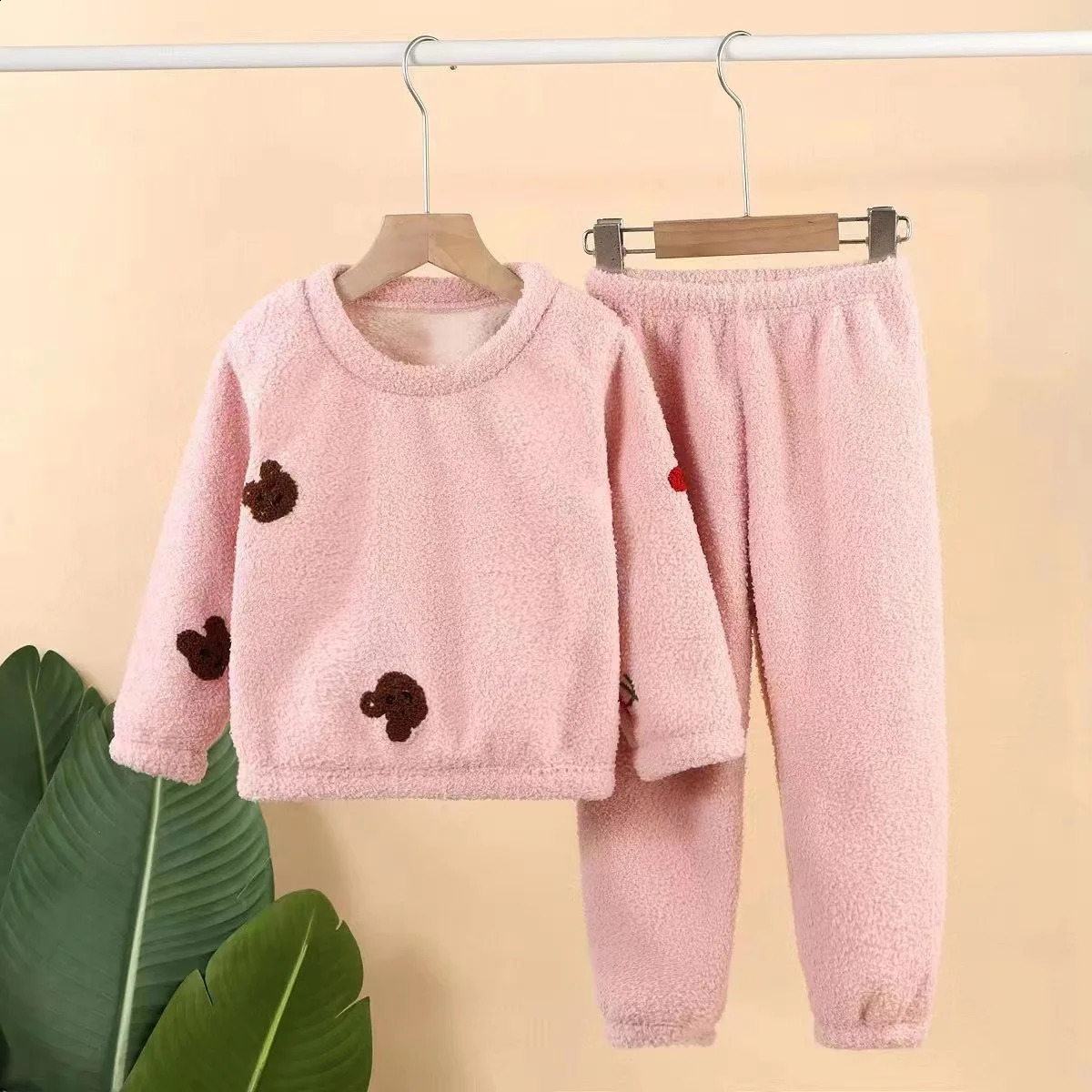 Childrens Autumn Thick Warm Flannel Pajamas Strawberry O-neck Top with Pants Baby Boys and Girls Pajama Set 241118