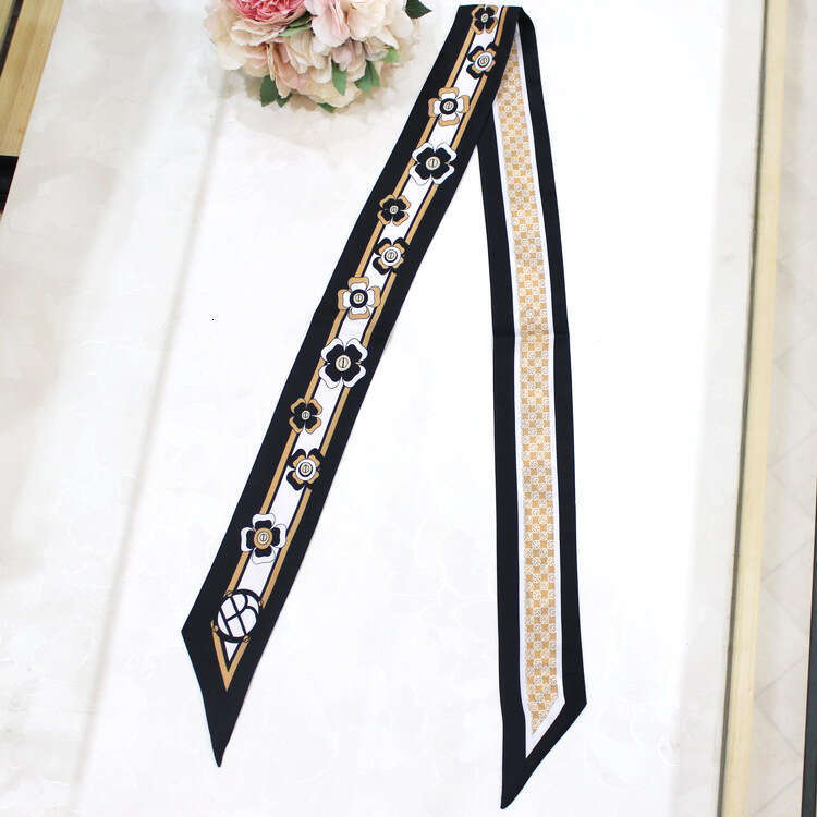 Korean version simple spring summer black and white binding bag, silk twill long scarf decoration, small scarf, women's ribbon belt