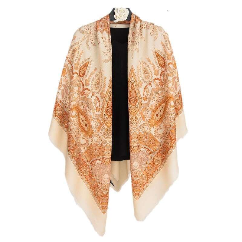 Old Money Style Double sided Printed Women's Autumn and Winter Warm Pattern Silk Wool Large Scarf Big Shawl