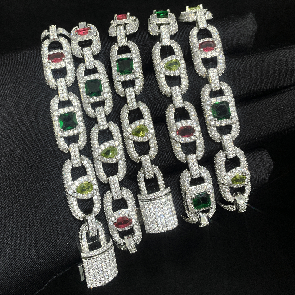 2025 Geometric Colorful Rainbow Cubic Zirconia 2025 New Hip Hop Men Jewelry Rectangle Cuban Link Chain Necklace