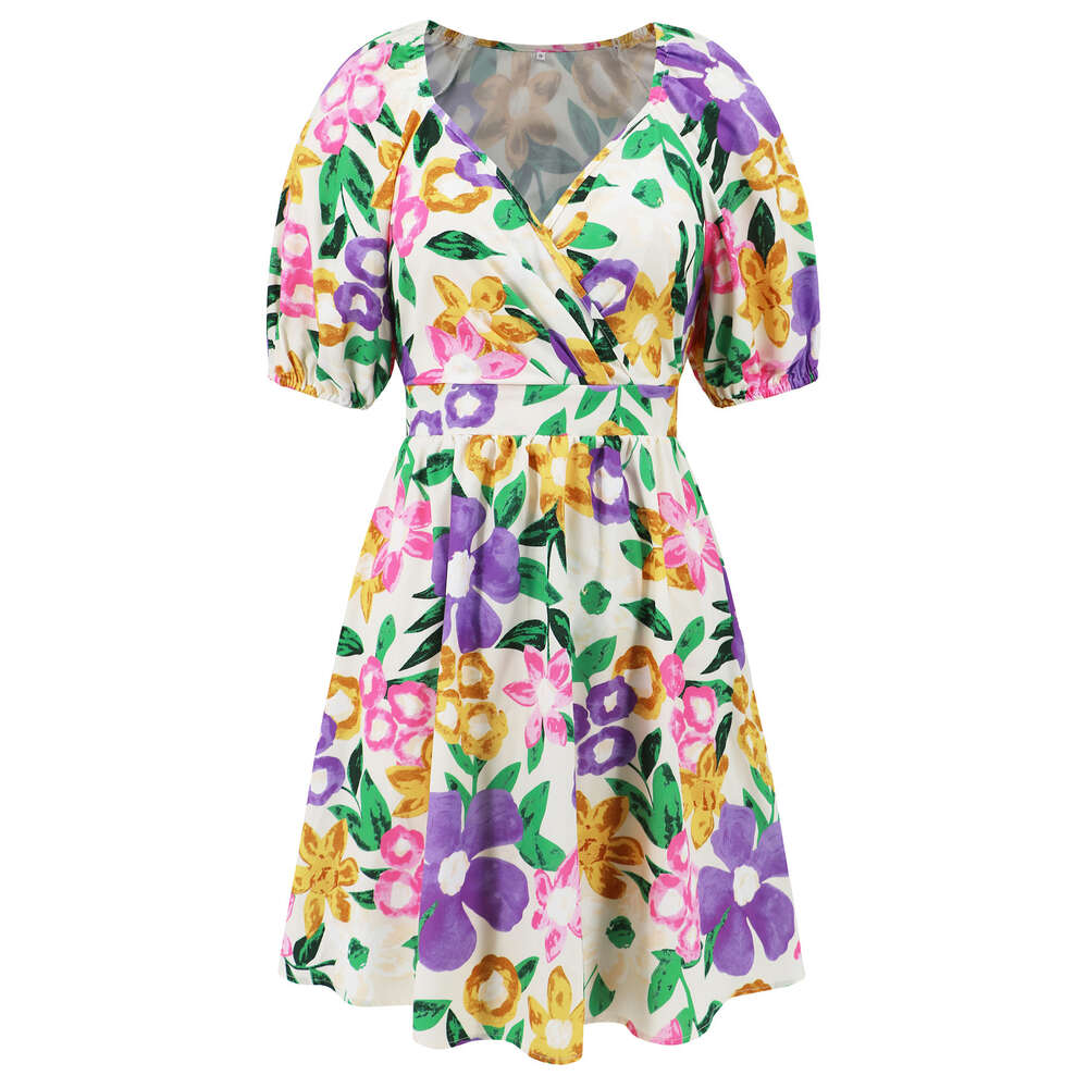 Women's 2024 Summer New V-neck Printed Beach Skirt Lantern Sleeves Short Dress F41843