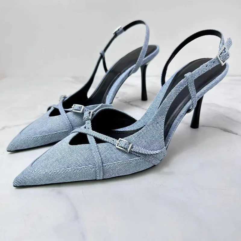 Designer heels TRAF 2024 Summer Warm Denim Blue H Pump Stiletto High Heels Sexy Wan Sandals Fi Hanging Back Corner End Shoes Y241118