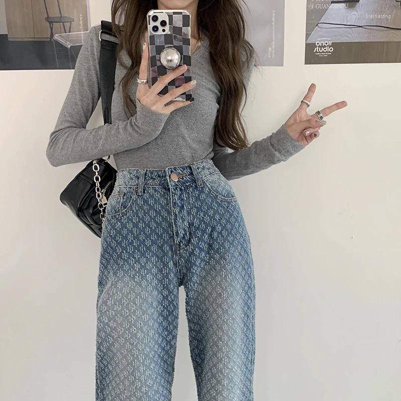 Women's Jeans Vintage Blue Straight Leg Women Ripped Streetwear Soft Denim Pant Female High Waist Korean Fashion Chic