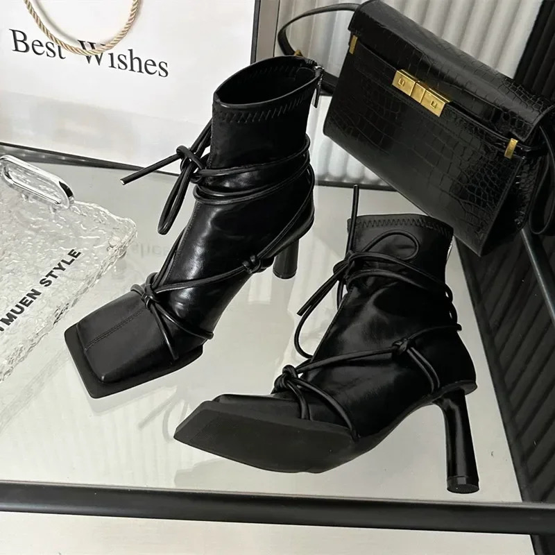 New 2024 Cross Strap Design Square Toe Ankle Boots 2025 Winter Sexy Thin Round High Heels For Women Back Zip Botas Mujer