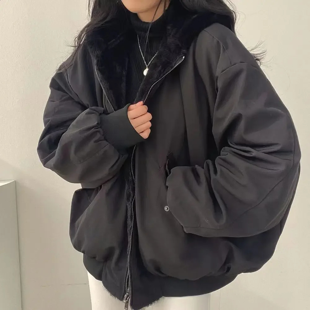 2024 Winter Double sided Wearable Cotton padded Jacket Loose Fit Hooded Wool Lined Thickened Jacket 241118