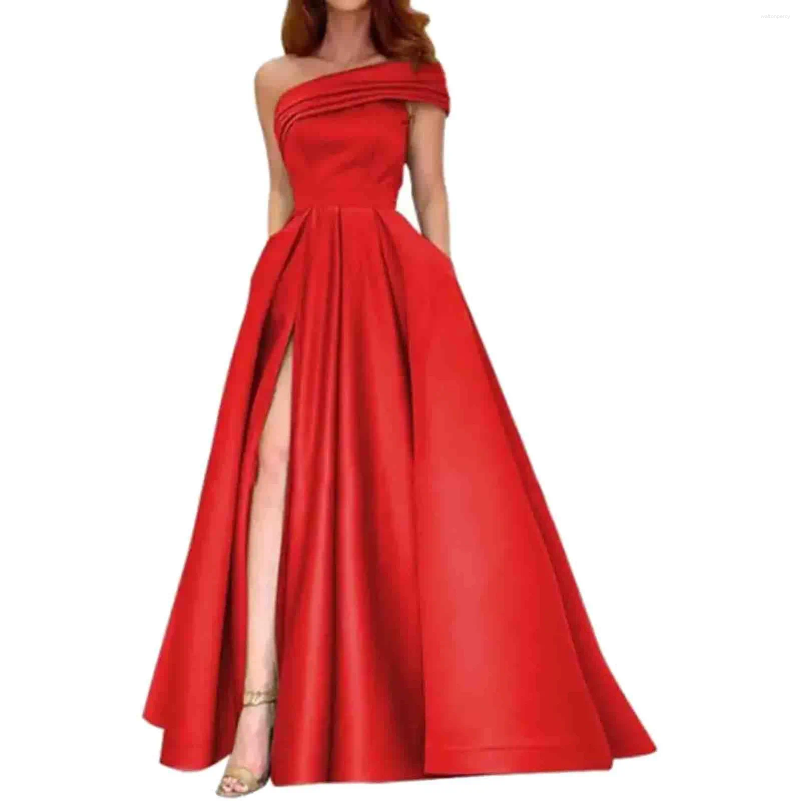 Casual Dresses Sexy Strapless Satin Evening Dress For Women Luxury And Elegant One-shoulder Birthday Party Puffy High Slits Wedding
