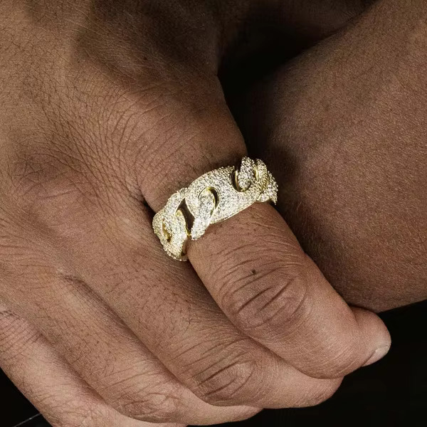10 Mm Iced Out Hip Hop Certified Gold Real Diamond Cuban Link Band Ring Jewelry Gift for Both Woman Men