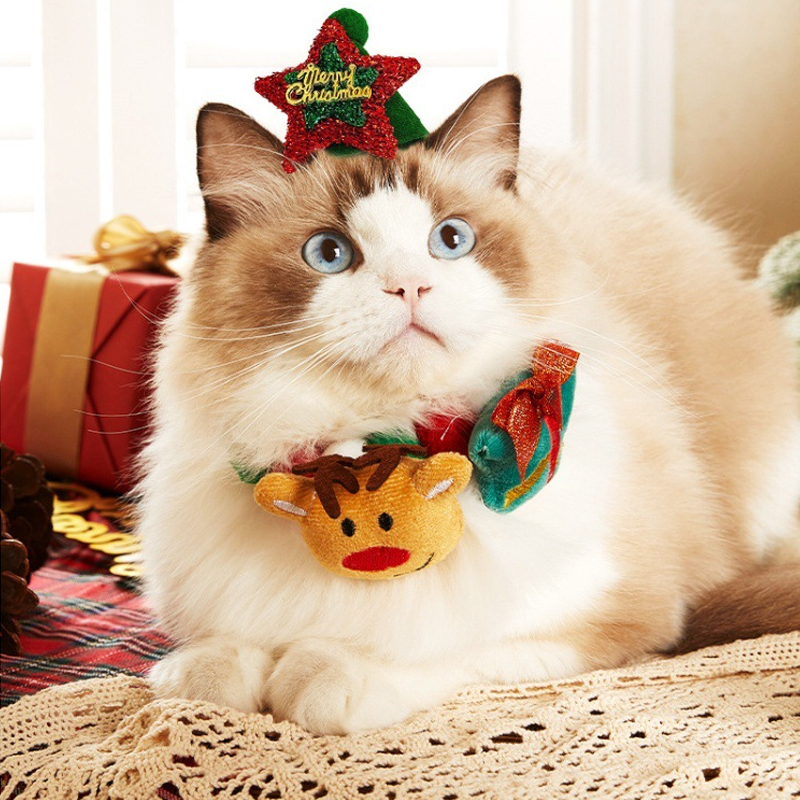 Christmas Cat Decoration Color Blocked Plush Neck Scarf Elastic Dog Collar Pet Holiday Supplies Clothing YLE55