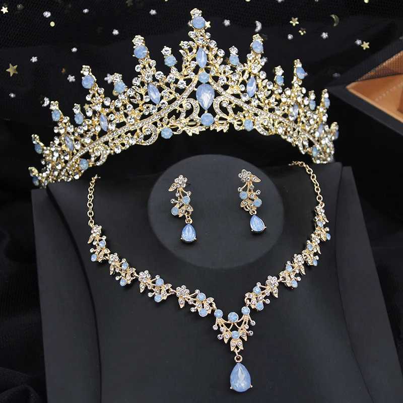 Luxury Silver Opal Water Drop Crown Bridal Jewelry Set Water Diamond Headpiece and Necklace Earrings Wedding Jewelry Set W241118