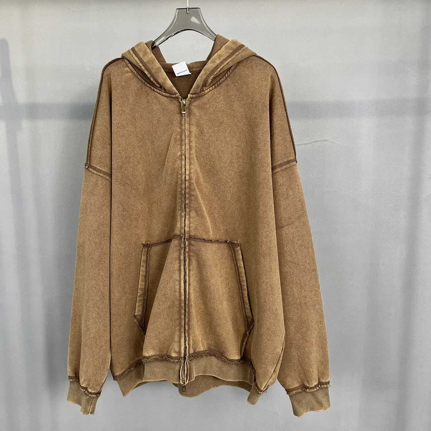 New Arrival Distressed Hooded Sportswear with Zipper Vinatge Loose Edge Double Zipper Hoodie Y2k Mens Cotton Winter Clothing Z241118