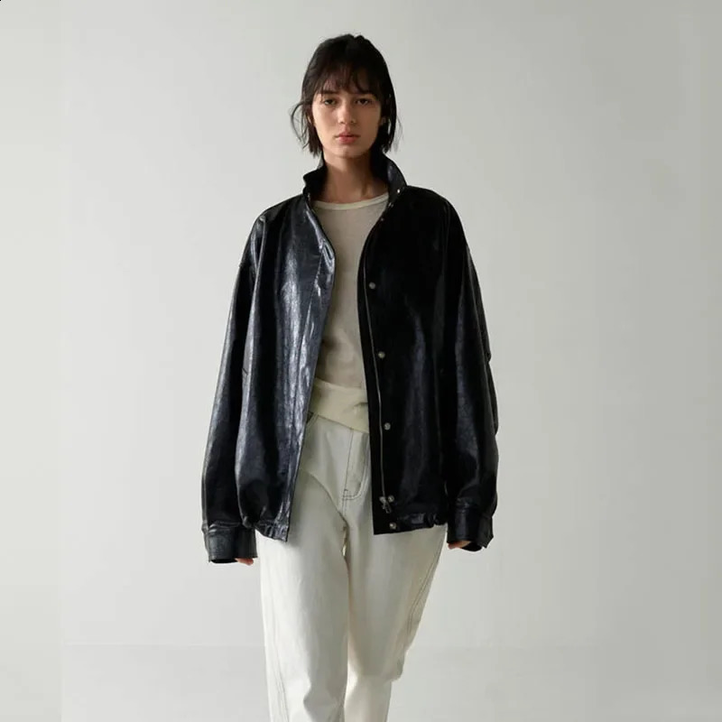 R0w 24ss Womens Autumn/Winter Stand up Collar Contour Leather Jacket Retro Bicycle Jacket Street Clothing 241116