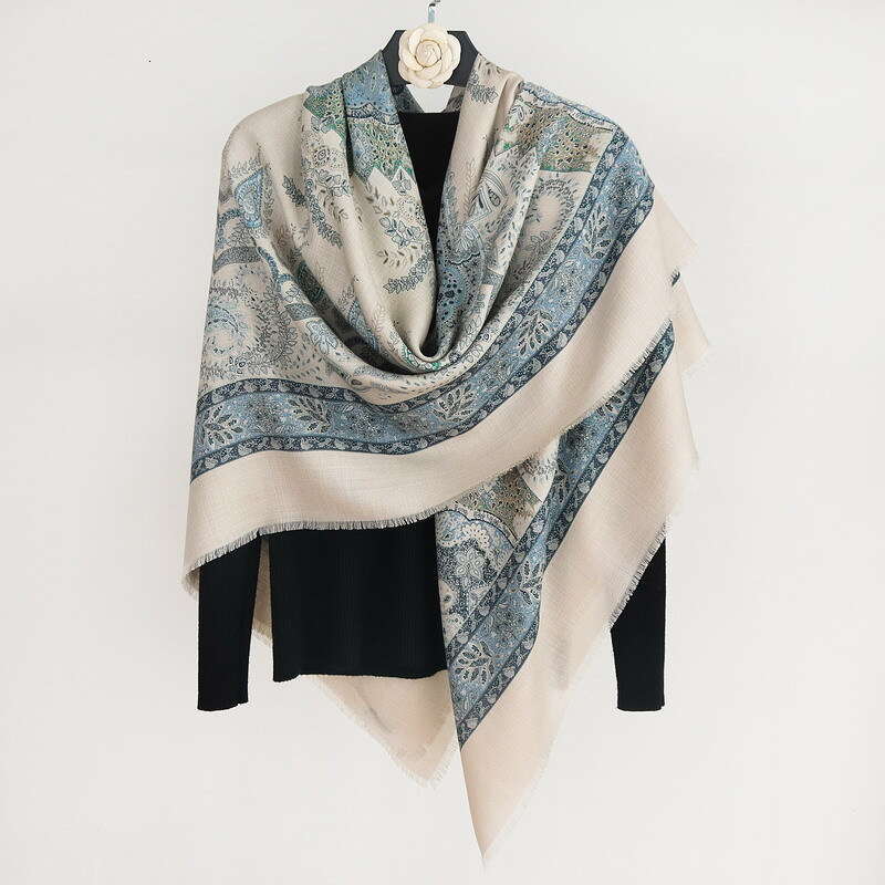 Old Money Style Double sided Printed Women's Autumn and Winter Warm Pattern Silk Wool Large Scarf Big Shawl