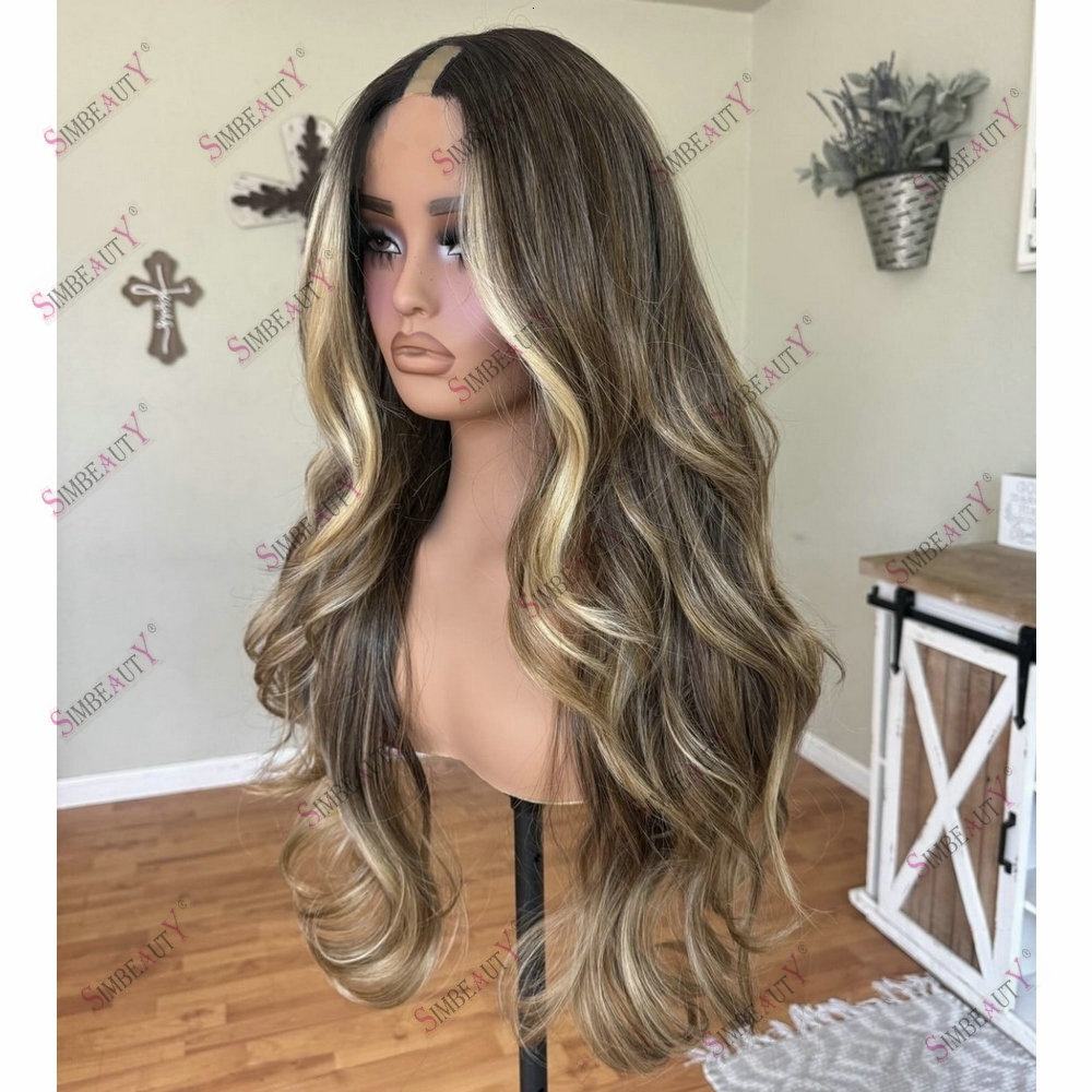 Brown Highlight Blonde U Adjustable Natural Body Wave 1*4 Size V Part Wig Human Hair Easy Wear For Women