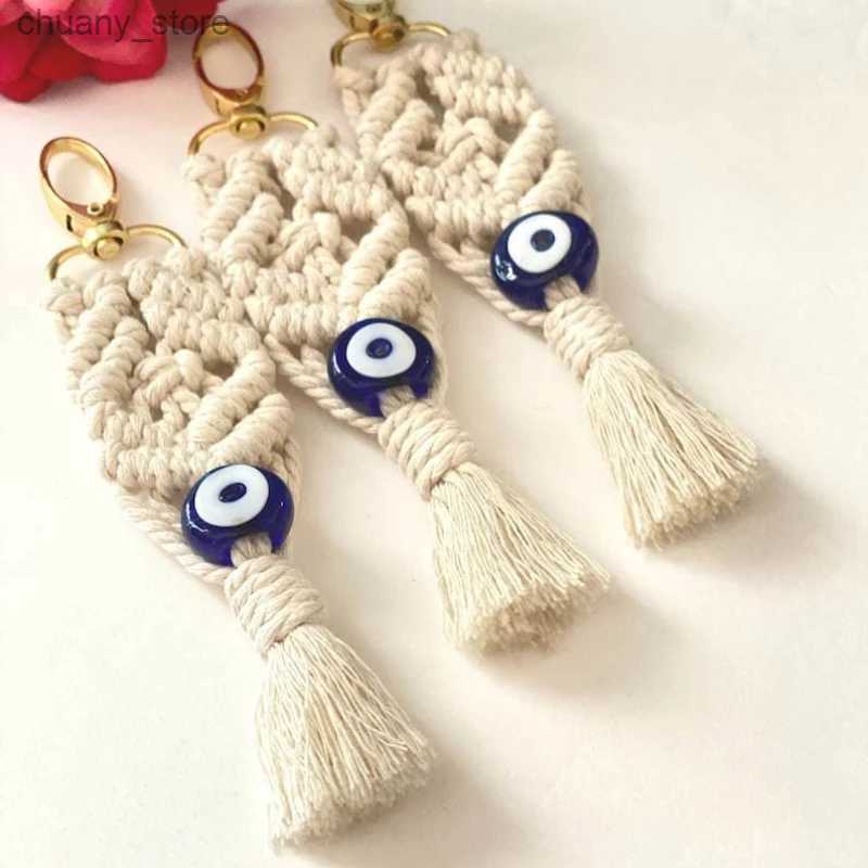 Keychains Lanyards Bohemian handmade Macrame tassel hanging decoration Trkiye Evil Eye and blue glass eye key chain used for home and car decoration Y