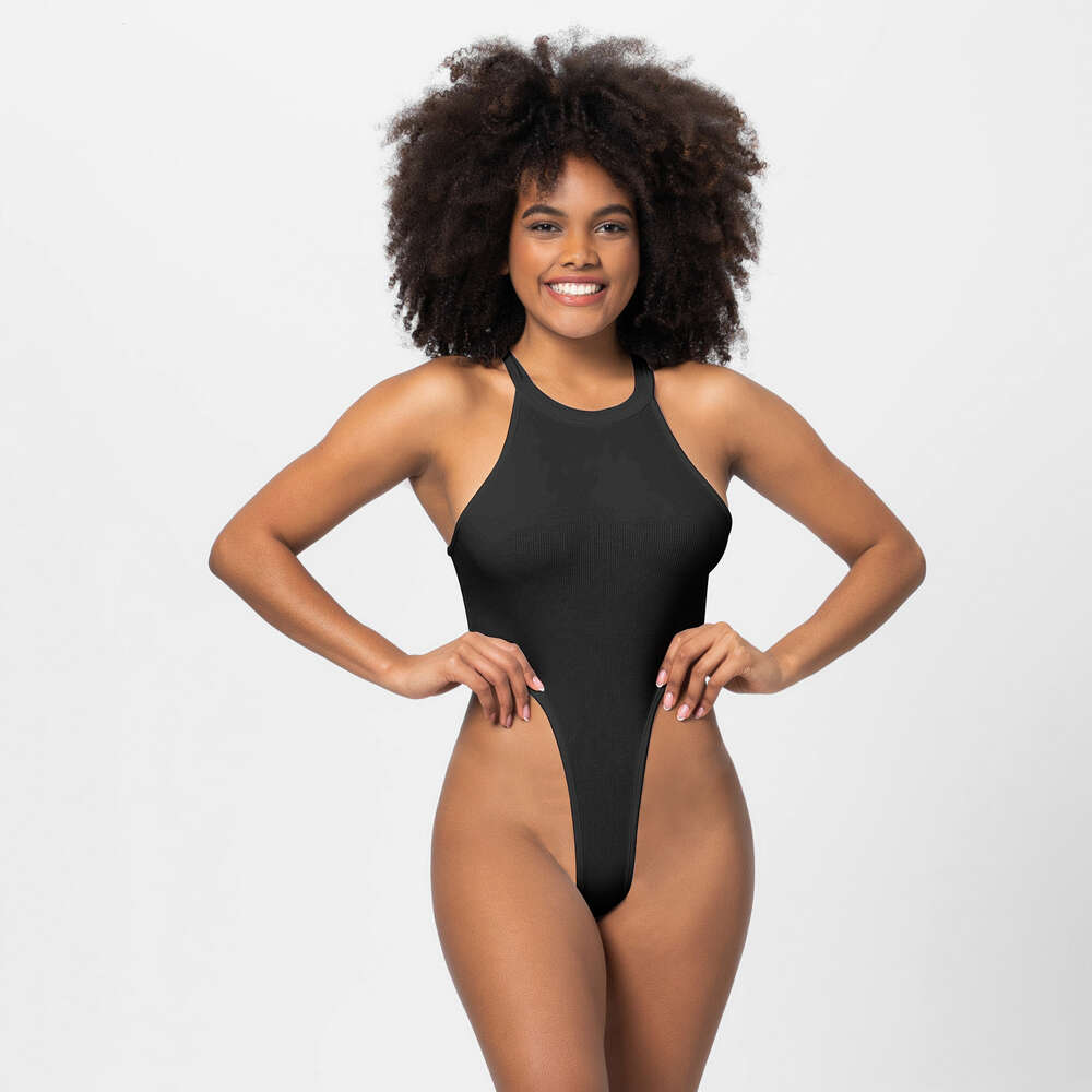 Women's Solid Color Sexy Leyin High Fork T-shaped Tight Fitting Thread Hanging Neck Jumpsuit, Spicy Girl Shorts F41827