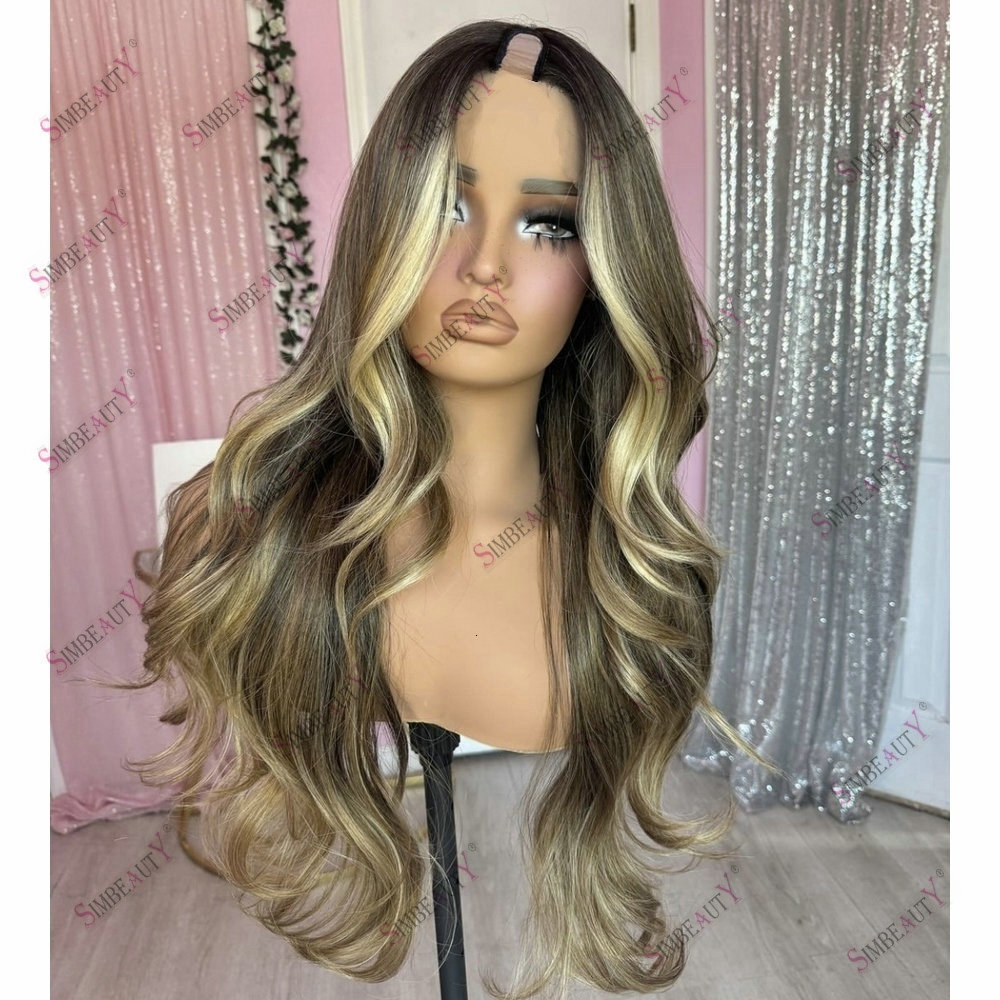 Brown Highlight Blonde U Adjustable Natural Body Wave 1*4 Size V Part Wig Human Hair Easy Wear For Women